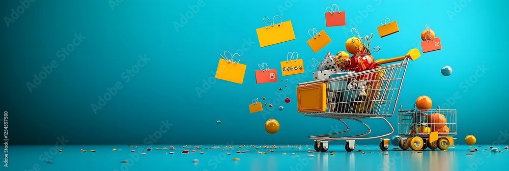 Poster 3D render of an e commerce shopping cart with floating discount tags and labels on a blue studio background representing online shopping retail and sales promotion concepts
