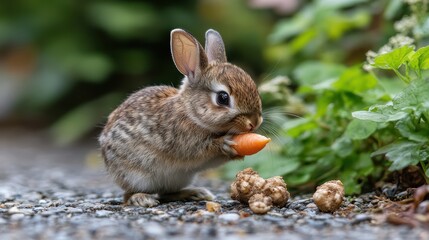Fototapeta premium Baby rabbit eating carrot outdoors, garden background, cute pet image