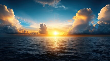 Stunning dramatic sunset sky with futuristic weather patterns and colors reflecting on the calm serene ocean surface  A peaceful contemplative natural landscape scene