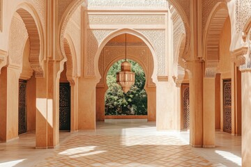 Fototapeta premium Sunlit courtyard showcases intricate arches and lush greenery, c