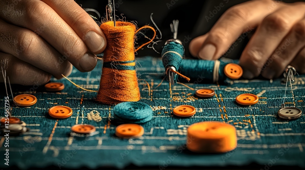 Poster A close up view of an array of colorful handmade buttons trims and other sewing accessories meticulously arranged on a tailor s desk