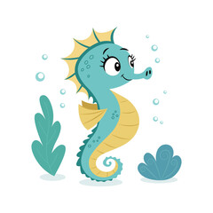 Adorable Seahorse Cartoon with Sea Plants and Bubbles Illustration
