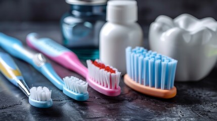Close-up of colorful toothbrushes, toothpaste, and dental care tools placed on dark surface conveys teamwork and collaboration of dental hygiene equipment for maintaining healthy teeth and smiles...