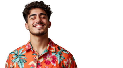 Young man smiling with eyes closed on transparent background