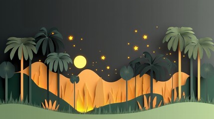 Whimsical Paper Art Landscape at Sunset Featuring Palm Trees and Glowing Stars – A Unique and Creative Nature Illustration for Stock Images