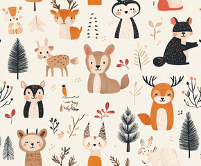 Seamless hand-drawn pattern featuring adorable Scandinavian woodland animals and pine trees. Ideal for textiles, wallpaper, wrapping paper, and cozy nature-inspired designs.