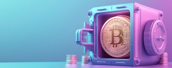 Obraz premium A digital safe displays a Bitcoin, symbolizing cryptocurrency security and investment in a modern, vibrant setting.