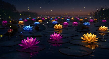 Colorful Water Lilies Floating on Pond at Night with Fireflies