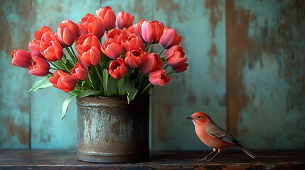 A vintage style tulip bouquet in a rustic metal vase with a delicate bird perched beside it creating a nostalgic mood
