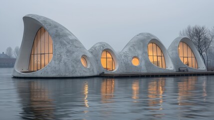Futuristic floating residential units with organic shapes, windows reflecting over calm water, surrounded by misty ambiance, combining modern design with nature for sustainable, innovative living.