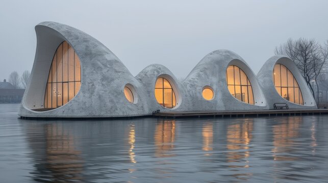 Futuristic floating residential units with organic shapes, windows reflecting over calm water, surrounded by misty ambiance, combining modern design with nature for sustainable, innovative living.