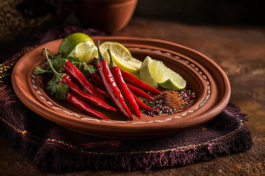 Vibrant arrangement of red chili peppers, fresh lime, and cilant