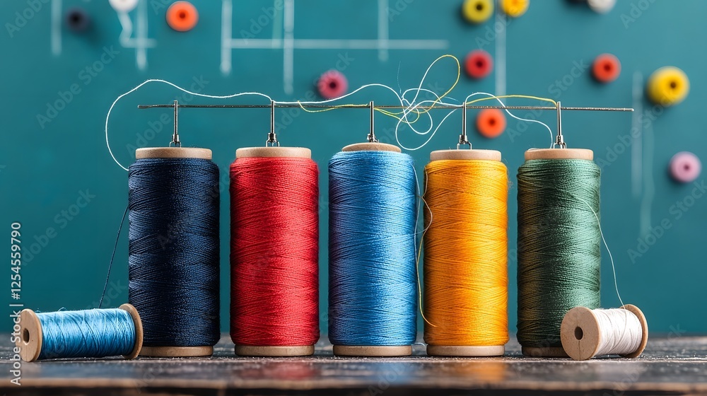 Poster a row of vibrant thread spools in various colors neatly arranged on a wooden sewing table