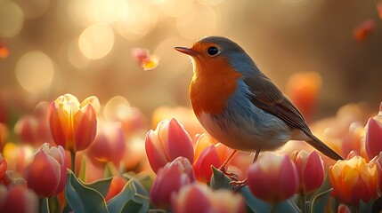 Fototapeta premium A beautiful close up of a delicate bird perched on the edge of a tulip bouquet with soft sunlight filtering through