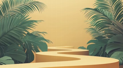 Winding Tropical Path Surrounded by Lush Foliage Against a Warm Golden Backdrop - Perfect for Nature and Relaxation Themes