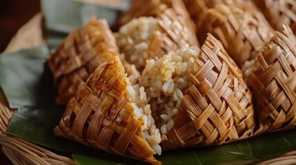 Obraz premium Woven rice parcels, Asian cuisine, close-up, food blog