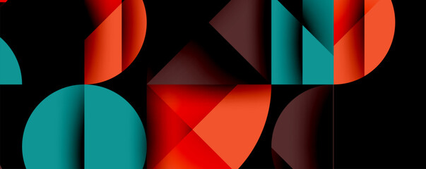 Abstract geometric background with layered gradient shapes forming dynamic patterns. Overlapping semi circles and triangles create depth and contrast