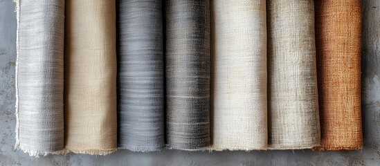 Textured Fabric Rolls: An assortment of rolled fabric samples, showcasing a variety of textures and neutral colors.