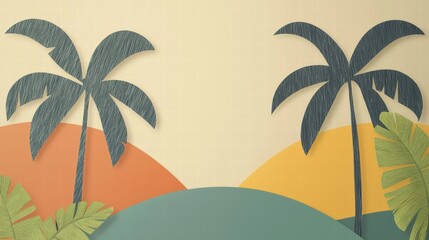 Whimsical Tropical Palm Trees Illustration with Colorful Background and Rolling Hills Ideal for Modern Decor and Summer-Themed Projects