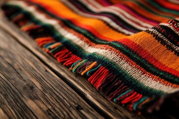 Colorful textile draped over rustic wooden surface, showcasing i
