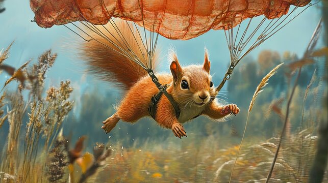 A sprightly squirrel glides through the air on a handmade parachute, fearless and adventurous digital