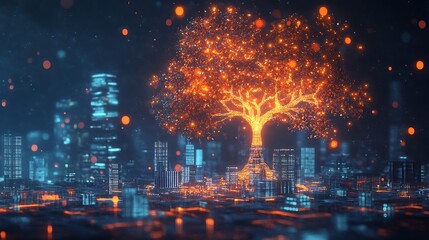 Digital Tree of Life Illuminating the Futuristic Cityscape