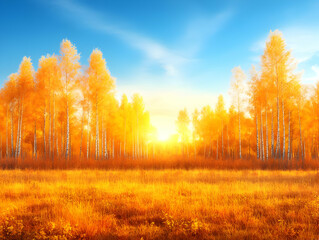 Fototapeta premium Autumn Birch Forest Sunrise Landscape Illustration