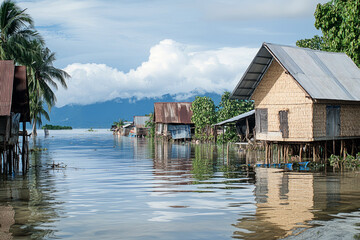Flooded village with partially submerged houses surrounded by water