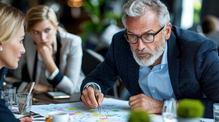 Top down view of business professionals engaged in collaborative meeting strategizing and analyzing documents at modern office desk  Concept of corporate teamwork leadership and problem solving