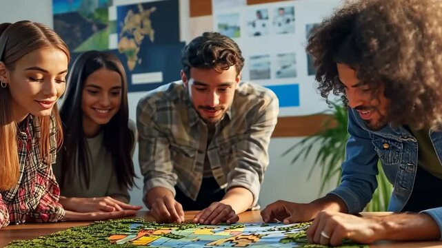 Diverse group assembling jigsaw puzzle in office