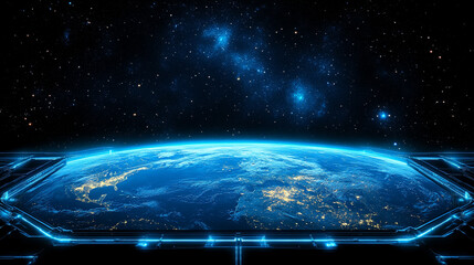 A digital display hologram HUD screen showcasing the Earth from space with an advanced technology interface, bright tones, and a blurred background, offering space for captions or text