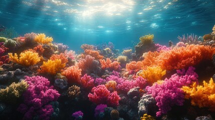 Fototapeta premium Vibrant coral reef teeming with life, sunlight filtering through water, showcasing underwater beauty