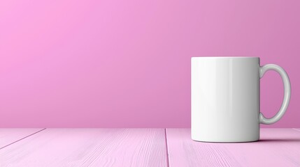 A clean white mug resting on a pink wooden surface, perfect for showcasing beverages or branding.