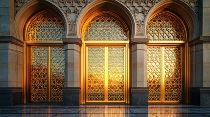 Rich golden Islamic window with Arabic geometric designs, elegant door frame with intricate arches and traditional patterns