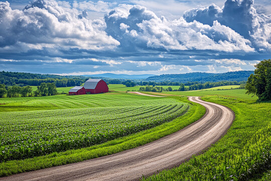 Scenic rural farmland with dirt road, lush green crops, and red barns under a bright blue sky with clouds