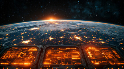 A digital display hologram HUD screen showcasing the Earth from space with an advanced technology interface, bright tones, and a blurred background, offering space for captions or text