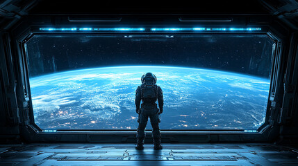 A digital display hologram HUD screen showcasing the Earth from space with an advanced technology interface, bright tones, and a blurred background, offering space for captions or text