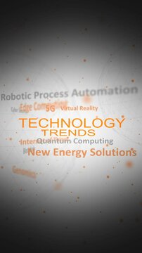 Typography animation, consisting of upcoming technologies tags. Technology innovations concept