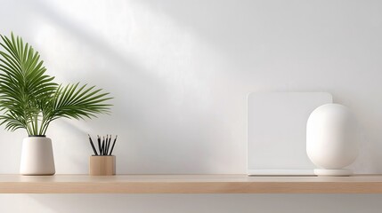 Fototapeta premium Sustainability at home, eco-friendly and minimalist styles : Minimalist workspace with recycled wood desk, energy-efficient LED lighting, and indoor plants, promoting green living.