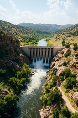 Water flows from the dam in the mountains. A scene of power generation, energy