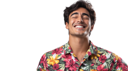Young tourist wearing hawaiian shirt smiling with closed eyes and transparent background