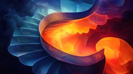 A dynamic abstract featuring a spiral staircase blending into surreal glowing shapes