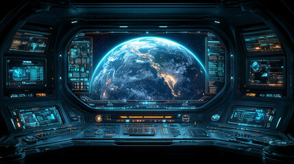 A digital display hologram HUD screen showcasing the Earth from space with an advanced technology interface, bright tones, and a blurred background, offering space for captions or text