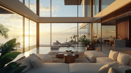 Fototapeta premium Modern Coastal Living Room with Breathtaking Ocean View at Sunset