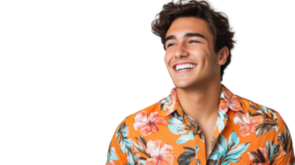 Young man wearing hawaiian shirt smiling and looking away on transparent background