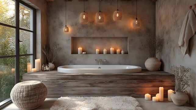 Rustic inspired bathroom with a wooden stool candles and a soothing mocha mousse color palette