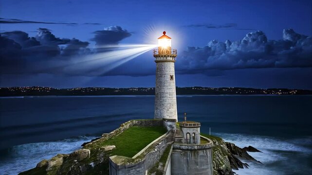 White lighthouse with illuminated light near ocean, framed by dramatic clouds