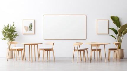 Modern minimalist interior featuring wooden furniture, plants, and framed artwork in a bright space