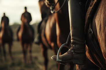 Equestrian group, countryside, golden hour, riding boots