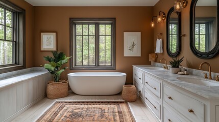 Chic bathroom with a marble countertop rustic brass fixtures and soft mocha mousse painted walls